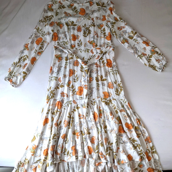 Boho Long Sleeve Floral Print Fitted Dress Flowy Hi Low Hem White & Orange Small - Picture 3 of 7